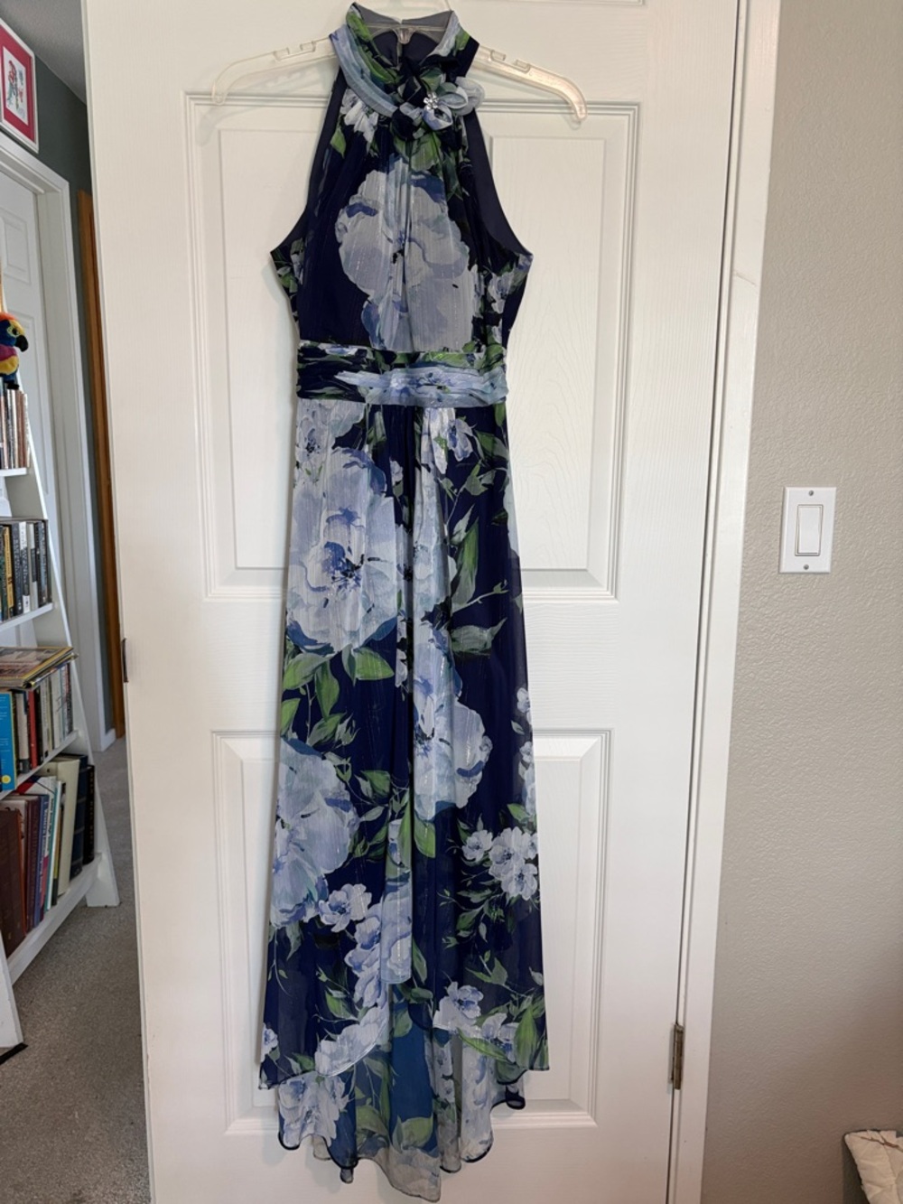 Eliza J Navy Floral Halter Maxi Dress with Blue & Green Accents
